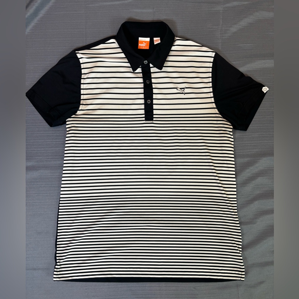 Puma Golf Drycell Polo Mens Large Black White Striped Performance Shirt